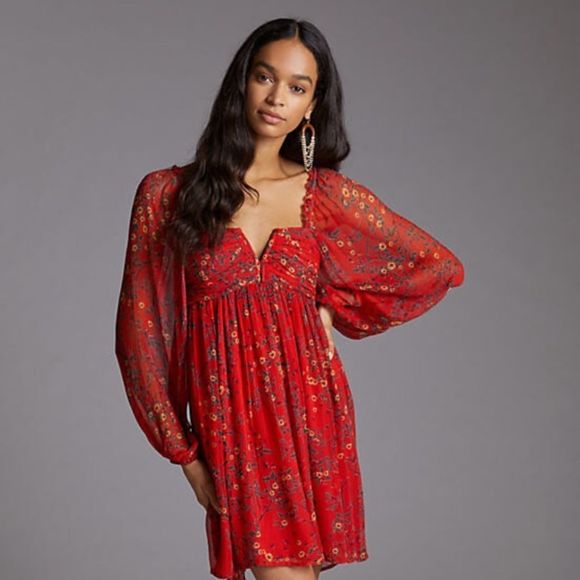Anthropologie Dresses & Skirts - Anthropologie Let Me Be Babydoll Mini Dress NWT Red Floral 100% Viscose Medium